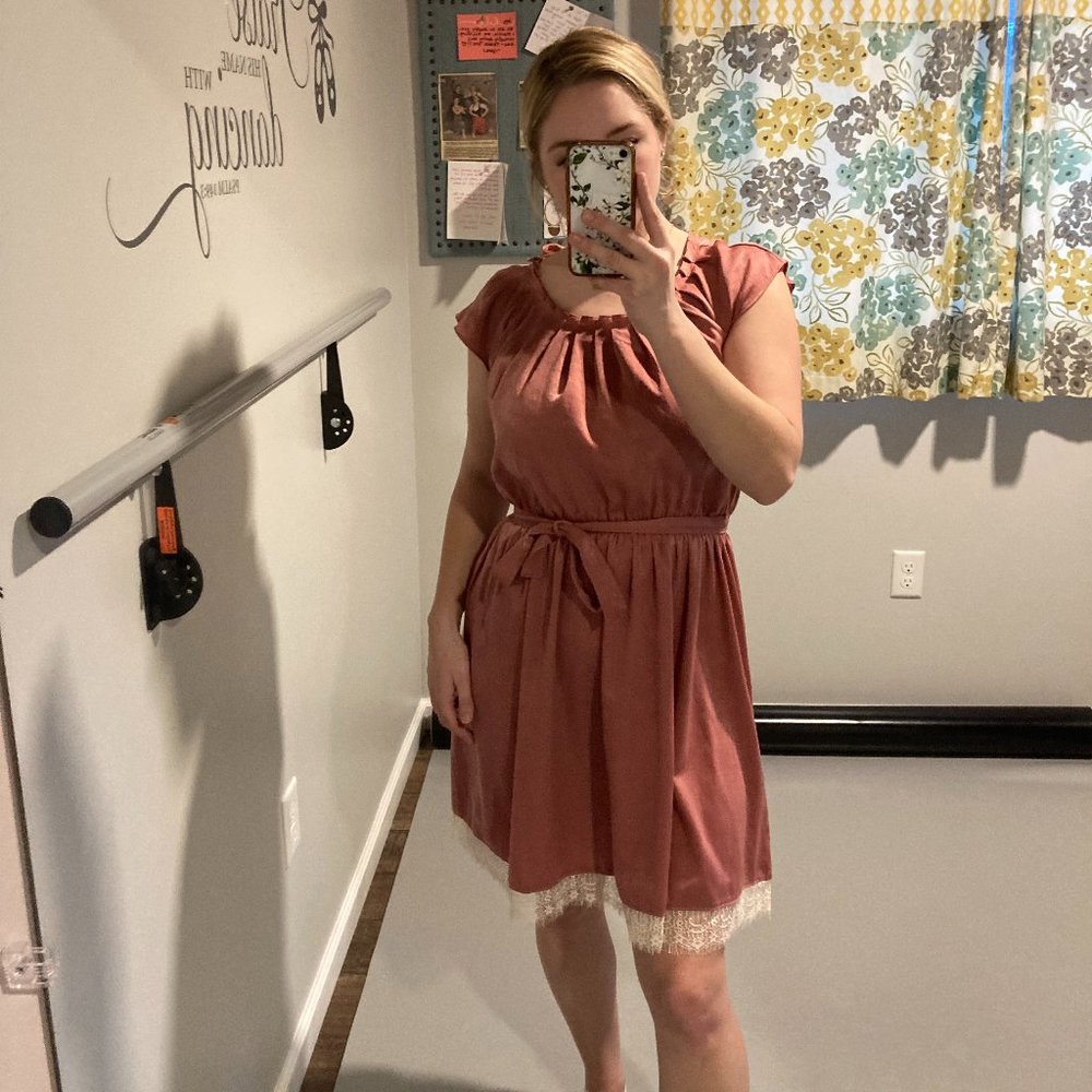 Pink Dress with Cream Lace Trim